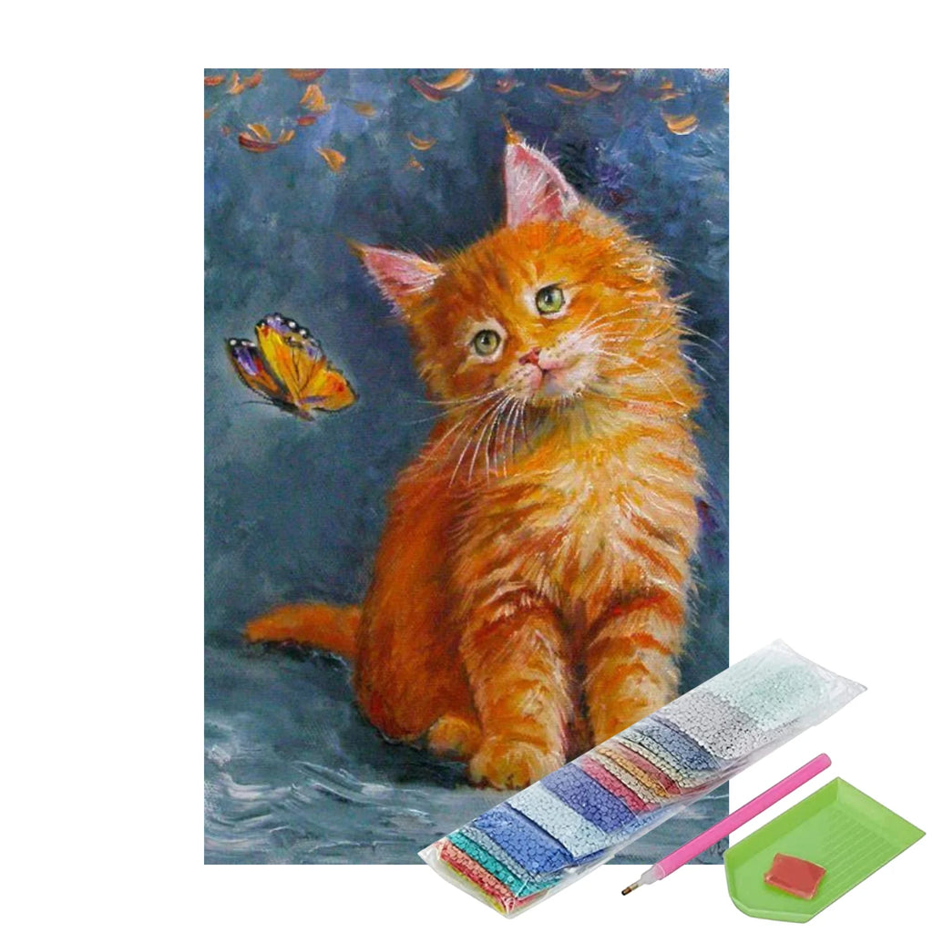 Gato con Mariposa 40x50 cm - Pinturas de Diamantes con Bastidor