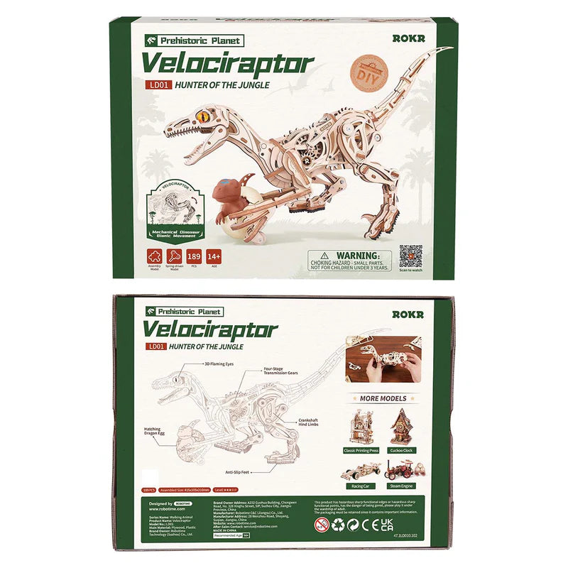 Velociraptor Dinosaurio - Maqueta de Madera ROKR