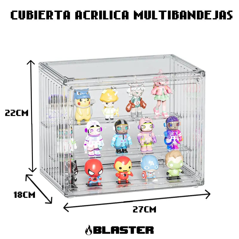 Cubierta Acrilica Mediana - 27 x 18 x 22 cm - Caja Exhibidora Horizontal - Multibandeja de Apertura Vertical
