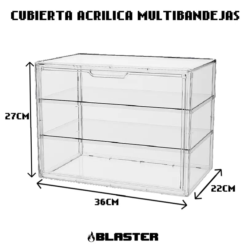 Cubierta Acrilica - Caja Exhibidora Horizontal  - Grande - Multibandeja de Apertura Vertical - 36 x 22 x 27 cm