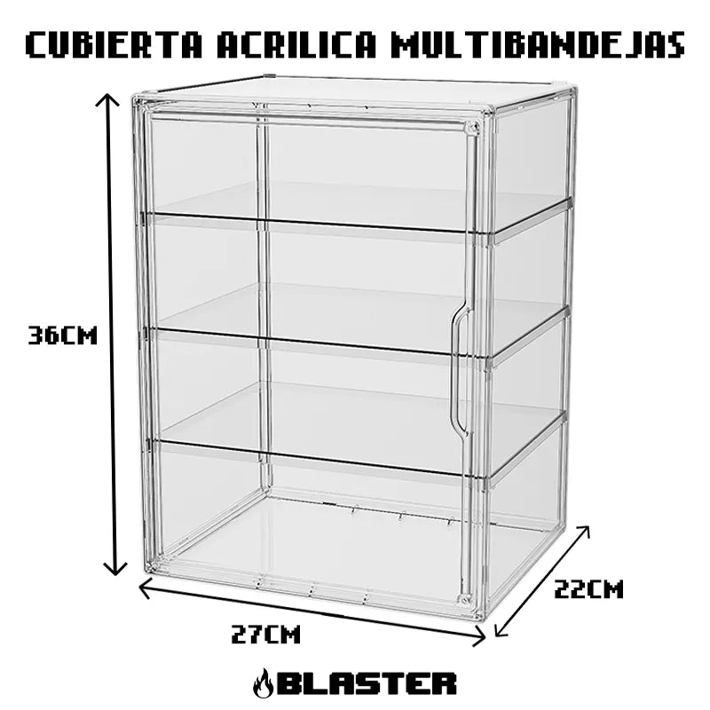 Cubierta Acrilica - Caja Exhibidora - Grande - Multibandeja de Apertura Horizontal - 27 x 22 x 36cm