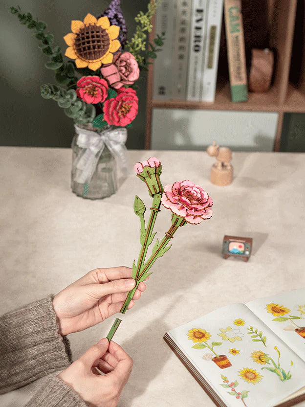 Clavel Rosa - Rompecabezas 3D - Maqueta de Madera Robotime