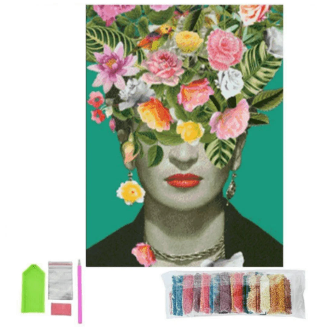Frida en Flores (30 x 40 cm) - Diamante Redondo - Pinturas de Diamantes