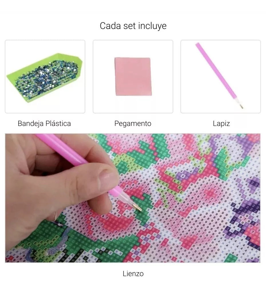 Gato con Flores (30 x 40 cm) - Diamante Cuadrado - Pinturas de Diamantes