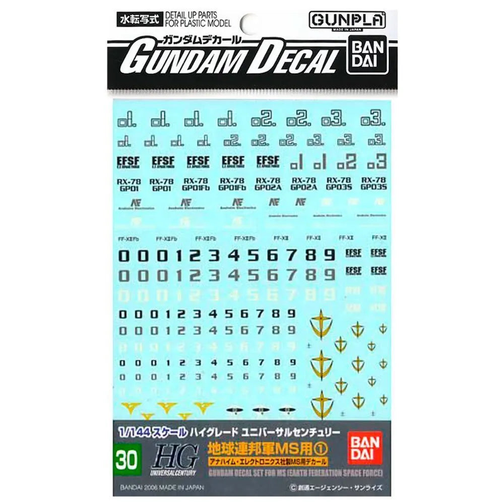 GUNDAM DECAL 30 HGUC MULTIUSE - EARTH FEDERATION 1 - Model Kit Articulado - Bandai